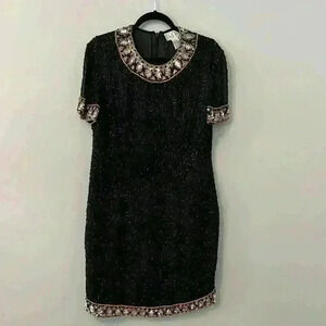 A.J. Bari Womens Vintage Beaded Dress Short Sleeve Size 14